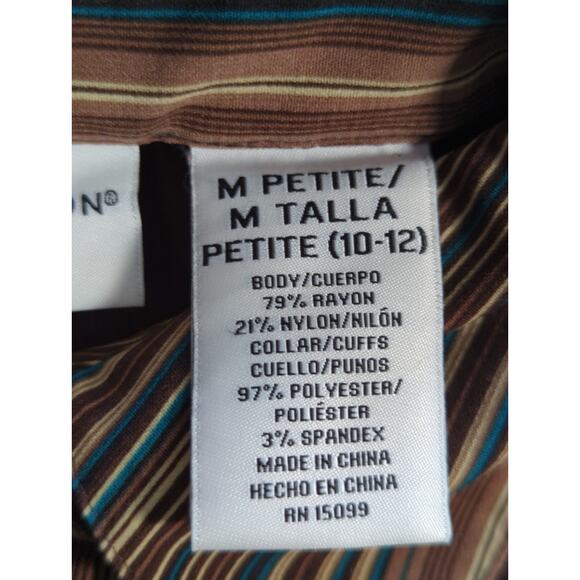 Covington Petite M Layered Look Top Brown Striped Collar Cuffs V Neck Rayon - Picture 3 of 11